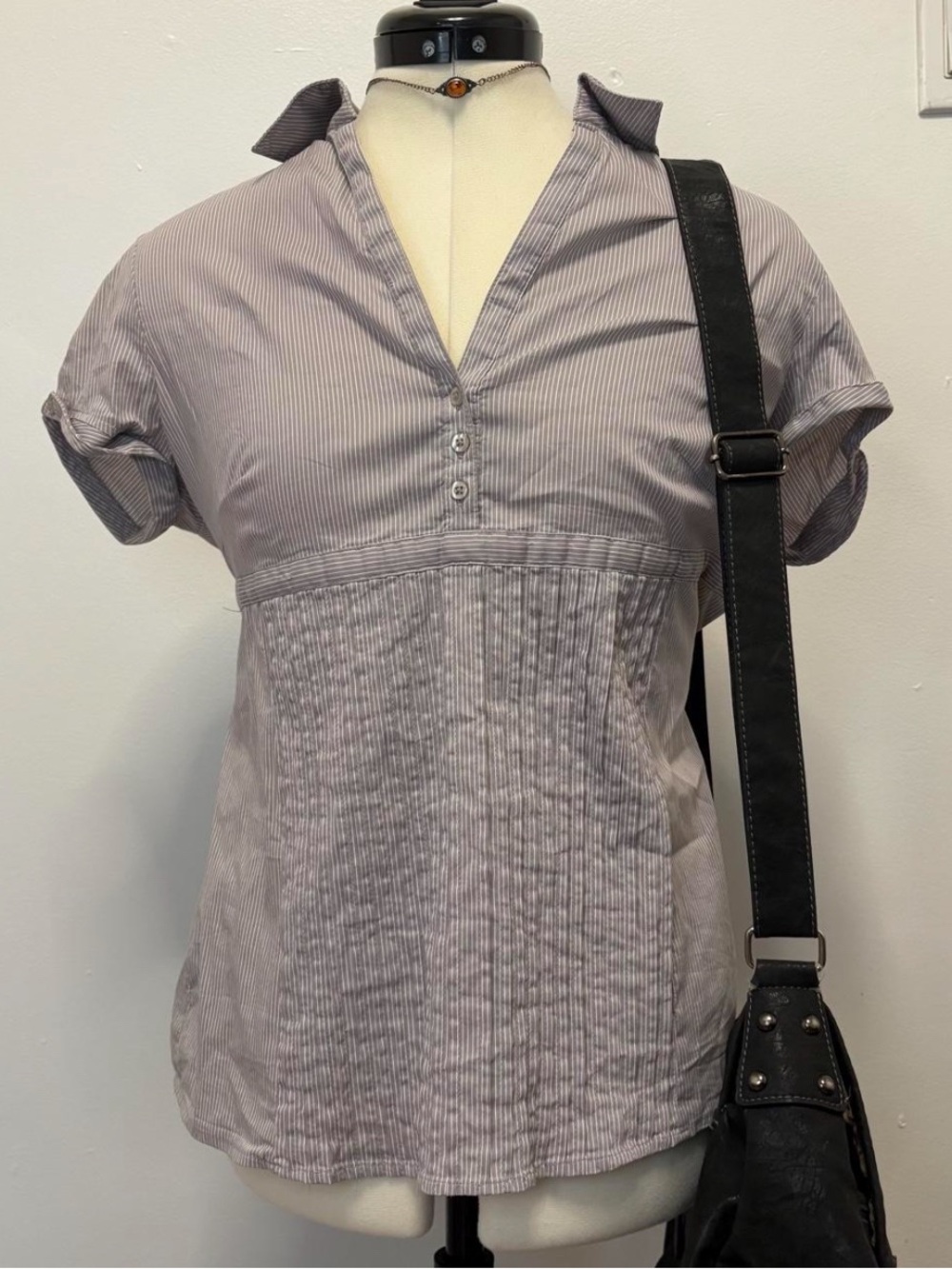 Promod Light Gray Short Sleeve Button-Neck Blouse